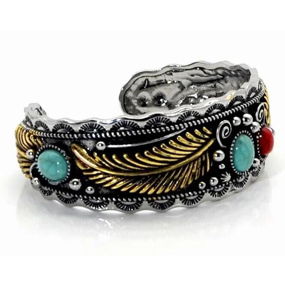 Goldwash Leaves Native American Faux Turquoise Retro Style Bracelet • Silvertone - Picture 3 of 6